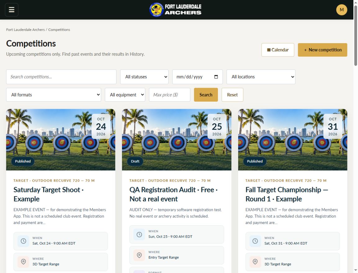 Actual Admin competition listing with example events