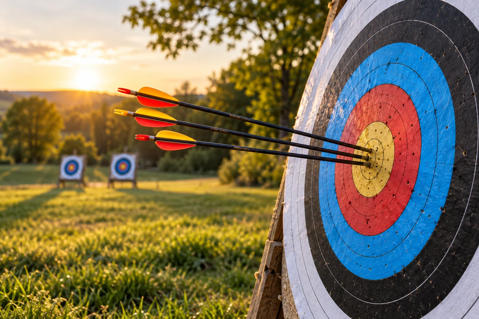 Arrows in an archery target at a sunlit outdoor range
